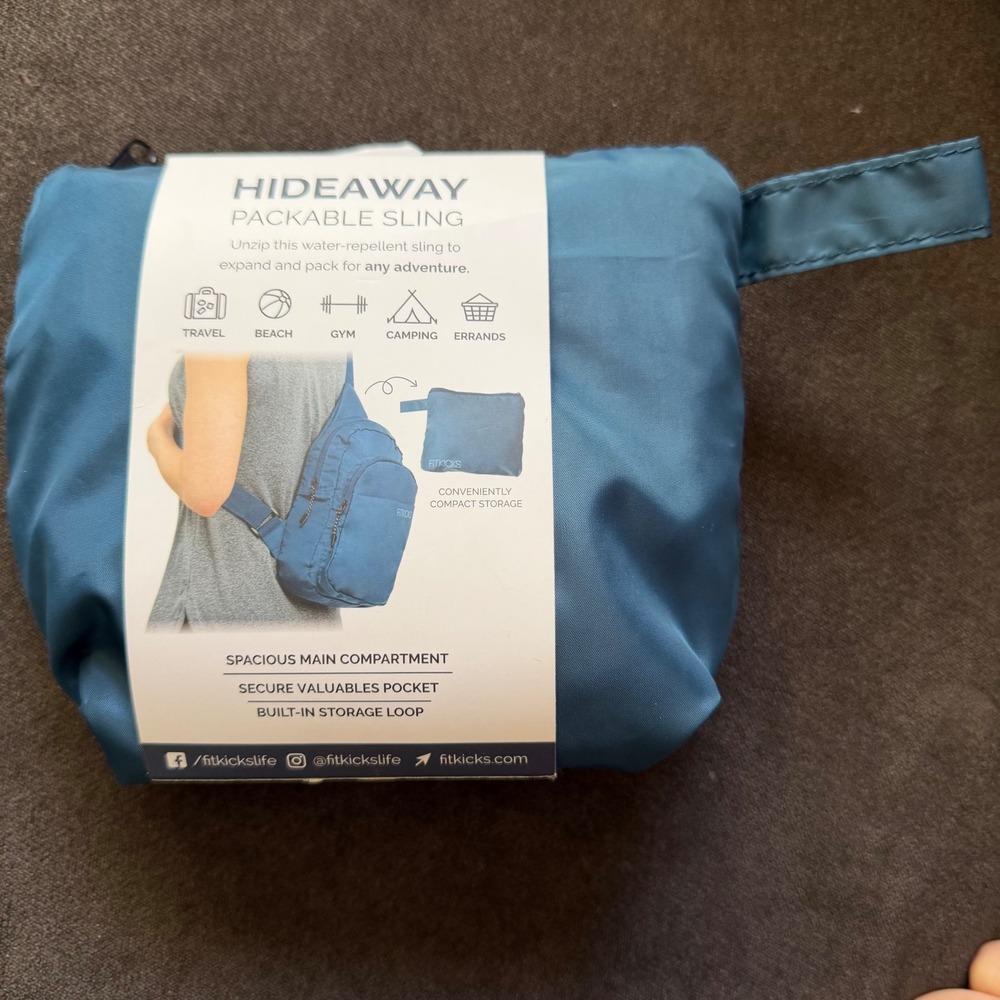 Fitkicks Hideaway Packable Sling Bag Blue Water Repellent Travel Crossbody NEW